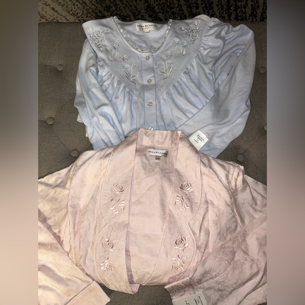NEW WITH TAGS. MISS ELAINE PINK ROBE WITH POCKETS. BLUE NIGHTGOWN. BOTH SMALL.